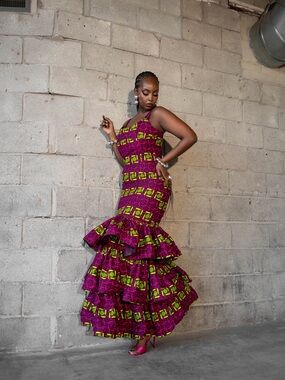 Ofuure Cotton Ankara African Print Mermaid Tiered Ruffle Maxi Dress Size M NWT